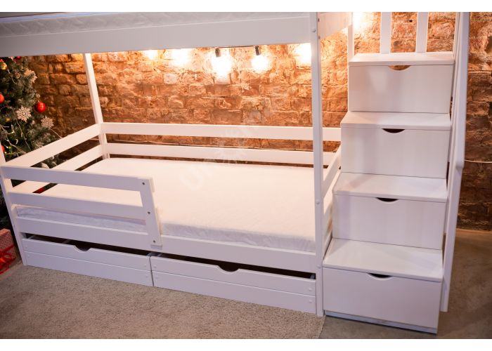 Кроватка Двухъярусная с лесенкой комодом белая